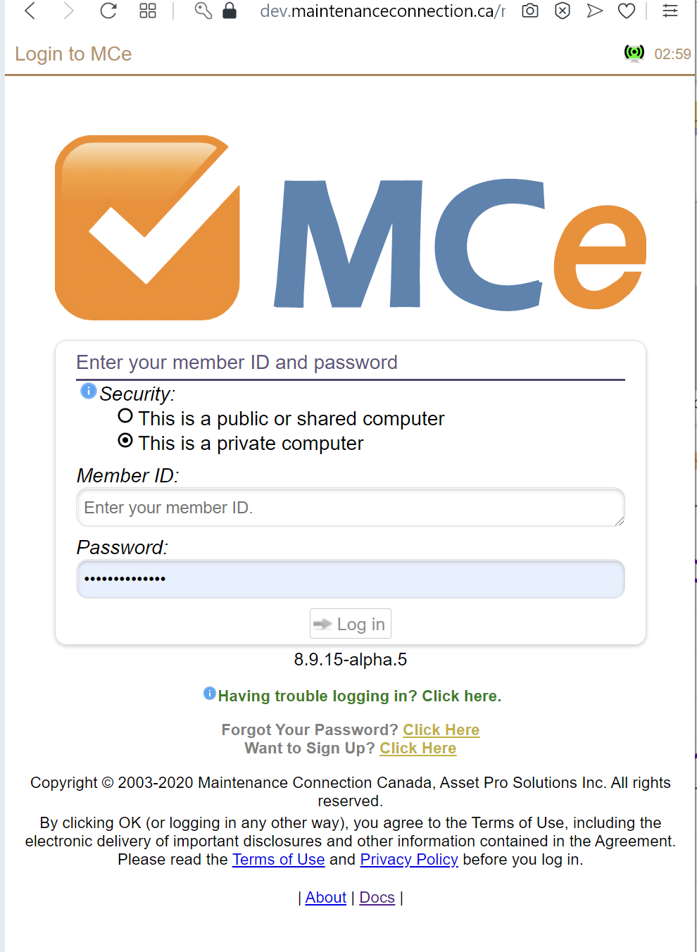 MCe Login Screen